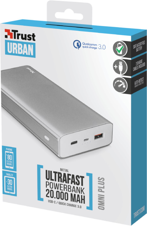 Trust Omni Plkus Metal PowerBank USB-C QC3.0 20000 mAh, stříbrná_1575609748