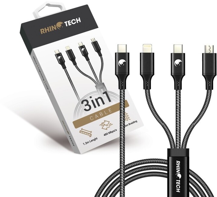 RhinoTech nabíjecí a datový kabel 3v1 USB-C - MicroUSB/Lightning/USB-C, 40W, 1.2m, černá_1089724656