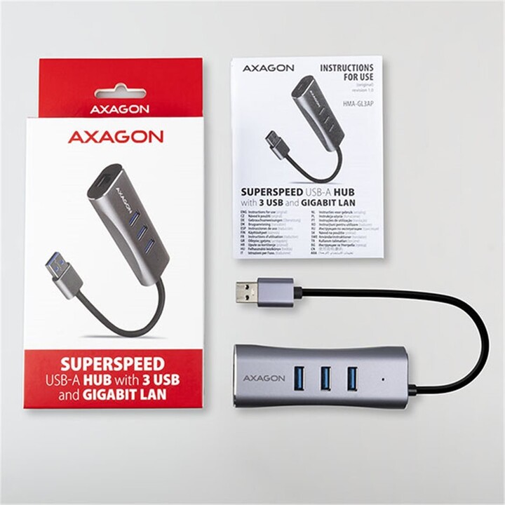 AXAGON HMA-GL3AP, USB 3.2 Gen 1 hub, porty 3x USB-A + Gigabit Ethernet, kovový, micro USB nap. konek_1847937502