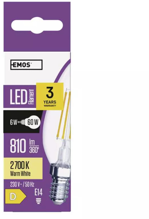 Emos LED žárovka Filament Candle 6W, 810lm, E14, teplá bílá_1777886791