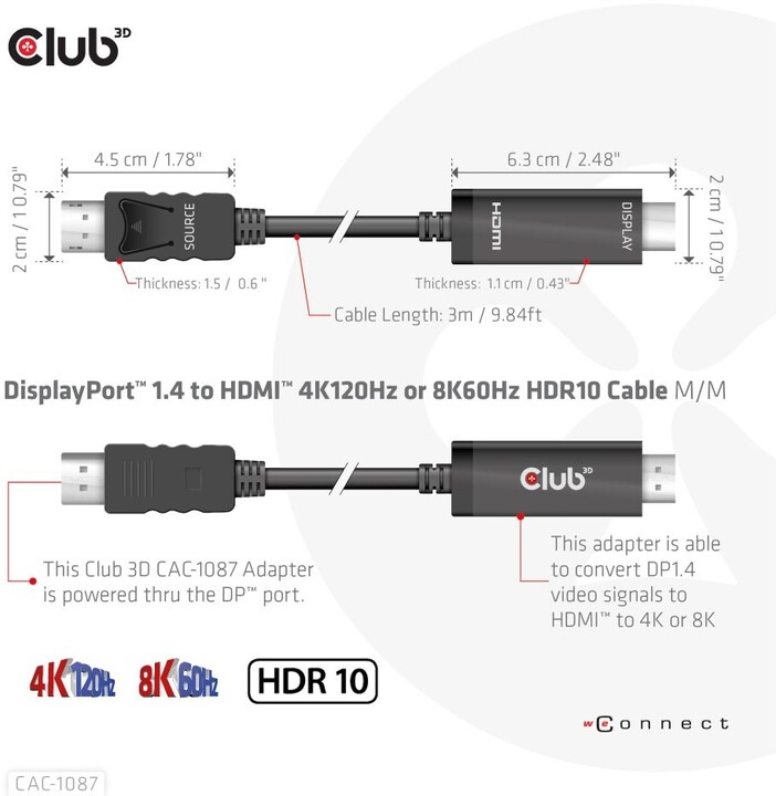 Club3D kabel DP 1.4 na HDMI, 4K120Hz nebo 8K60Hz HDR10, M/M, 3m_1671451655