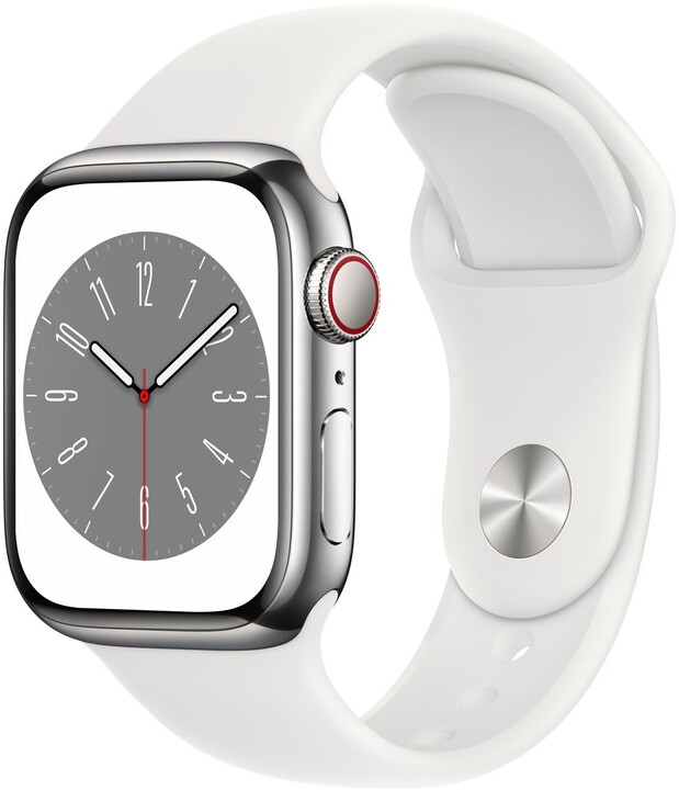 Apple Watch Series 8, Cellular, 41mm, Silver Stainless Steel, White Sport Band_851552799