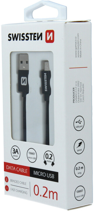 SWISSTEN datový kabel USB - microUSB, M/M, 3A, opletený, 0.2m, černá_2117677049