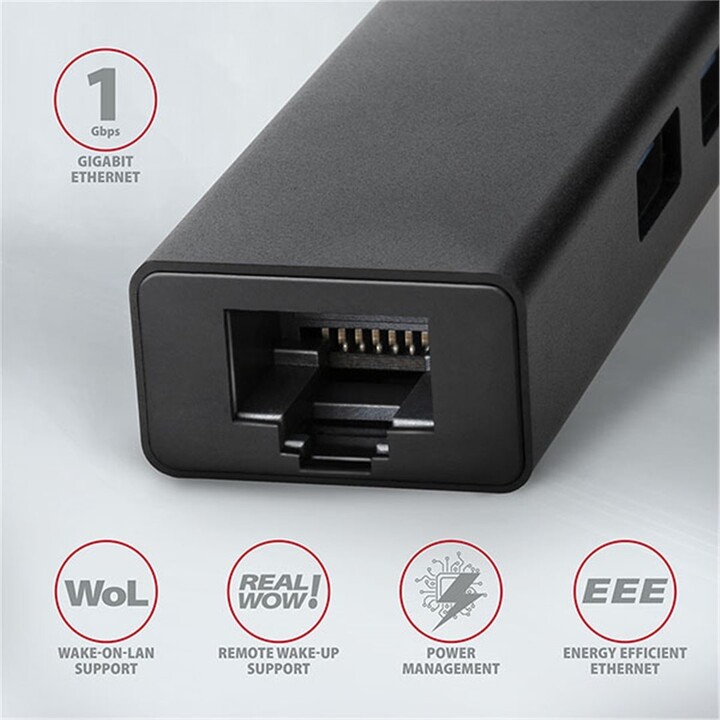 AXAGON HMA-GL3A, USB 3.2 Gen 1 hub, porty 3x USB-A + Gigabit Ethernet, kovový, kabel USB-A 20cm_1362498889