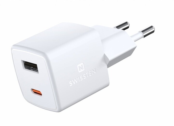 SWISSTEN síťový adaptér GaN, USB-A, USB-C, PD, QC, 30W, bílá_1902995522