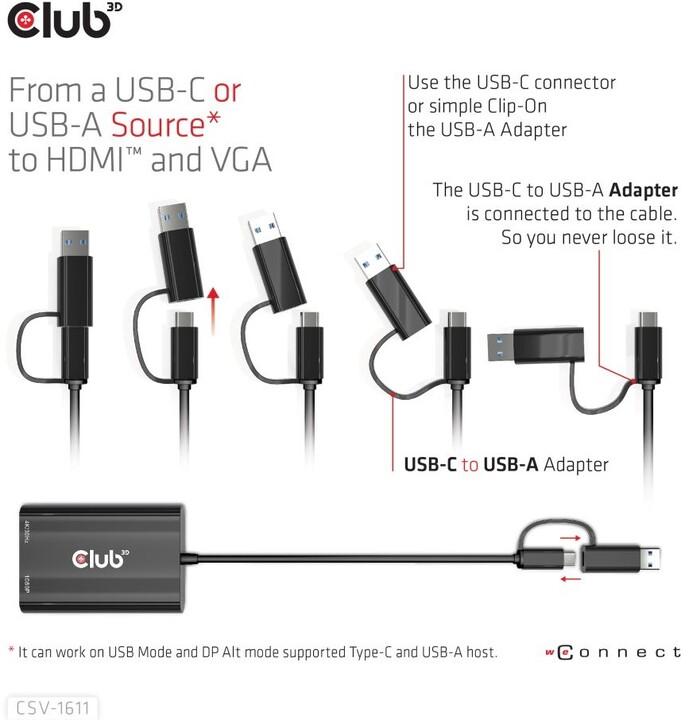 Club3D adaptér USB Gen1 Type-C/-A to Dual HDMI (4K/30Hz) / VGA (1080/60Hz)_1174200372
