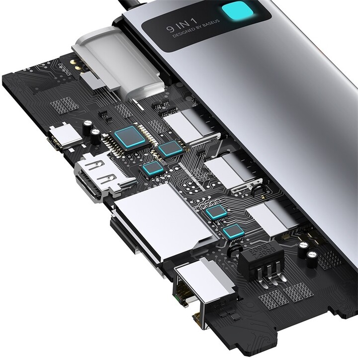 Baseus multifunkční HUB Metal Gleam Series 9v1 - USB-C PD 100W, 3xUSB 3.0, HDMI, VGA, RJ45, SD/TF_355896080