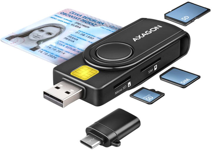 AXAGON CRE-SMP2A, USB-A PocketReader 4-slot čtečka Smart card (eObčanka) + SD/microSD/SIM_529861860