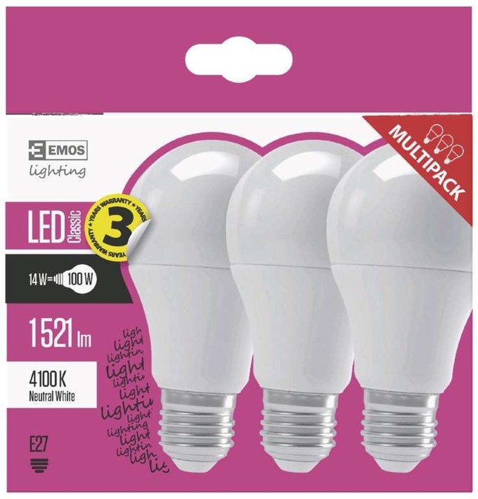 Emos LED žárovka Classic A60 14W E27 3ks, neutrální bílá