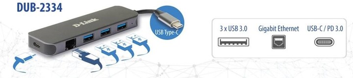 D-Link DUB-2334, USB-C Hub, 3x USB 3.0, USB-C, LAN 1 Gbps_1456296327