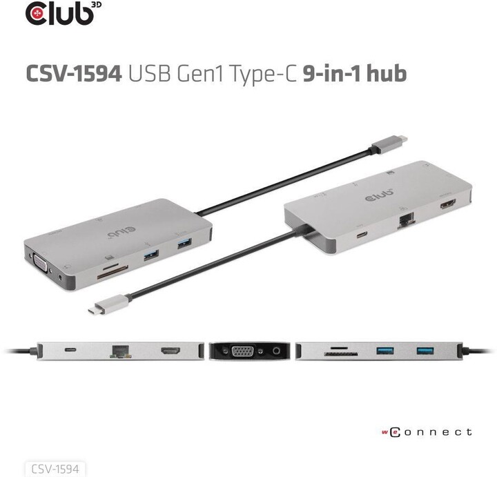 Club3D HUB USB-C 9v1, HDMI, VGA, 2x USB-A Gen1, RJ45, SD, PD 100W_612119253