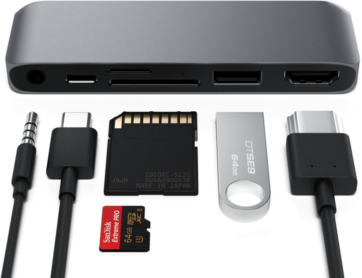 Satechi USB-C Mobile Pro HUB SD, USB-C PD, 4K HDMI, USB 3.0, MicroSD, 3.5mm audio, šedá_75102459