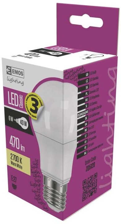 Emos LED žárovka Classic A60 6W E27, teplá bílá