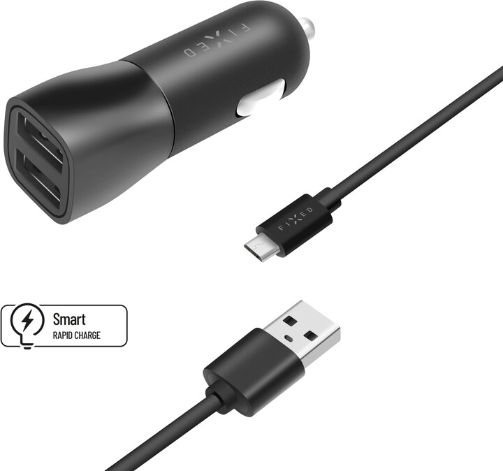 FIXED autonabíječka, 2x USB-A, 15W + USB-A - microUSB kabel, 1m, černá_310054324