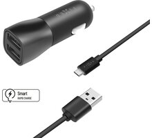 FIXED autonabíječka, 2x USB-A, 15W + USB-A - microUSB kabel, 1m, černá FIXCC15-2UM-BK