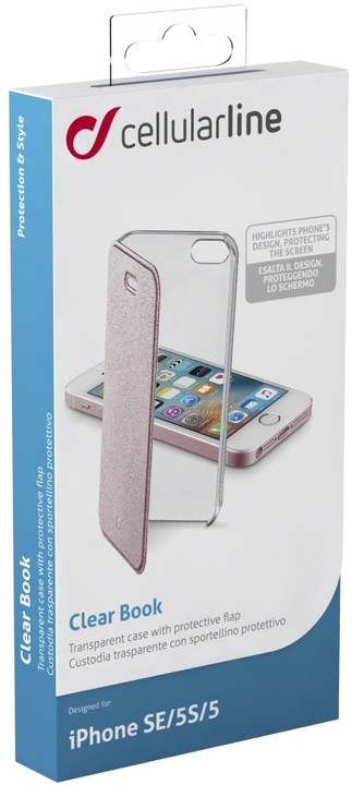 CellularLine Clear Book pouzdro typu kniha pro Apple iPhone 5/5S/SE, průhledné, růžové_1606391018