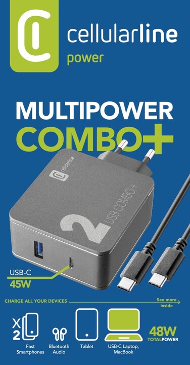 CellularLine síťová nabíječka Multipower 2 Combo Plus, USB-C, USB, PD, 48W, černá + kabel USB-C,_1236593596
