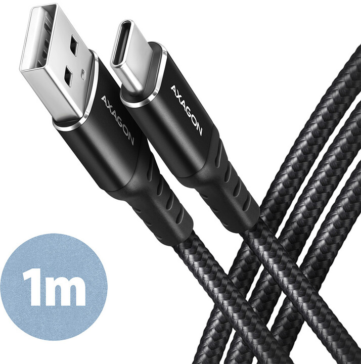 AXAGON kabel USB-C - USB-A, USB 2.0, 3A, ALU, opletený, 1m, černá_1317835352