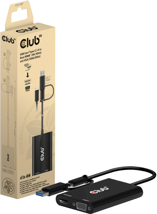 Club3D adaptér USB Gen1 Type-C/-A to Dual HDMI (4K/30Hz) / VGA (1080/60Hz)_460438527