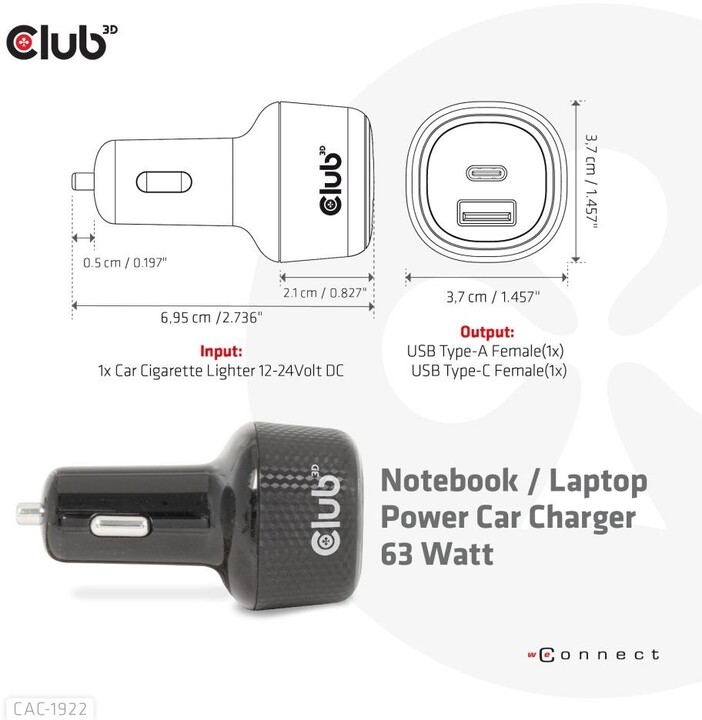 Club3D autonabíječka pro notebooky 63W, USB-A, USB-C_1504799195