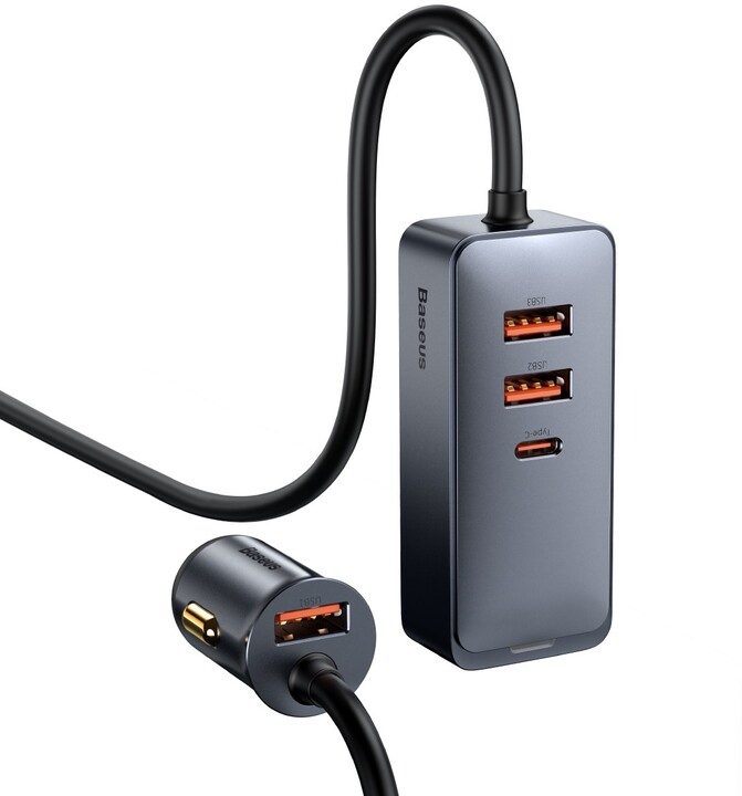 Baseus nabíječka do auta s prodlužovacím kabelem, 3x USB-A, 1x USB-C, 120W, šedá_299434219