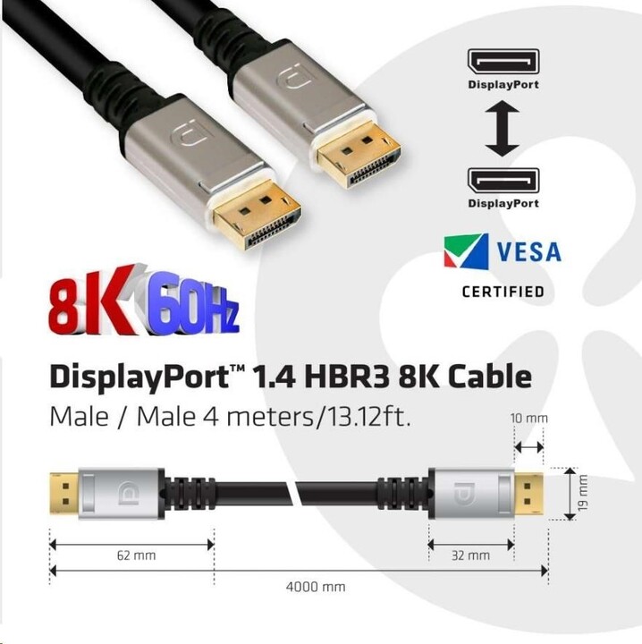 Club3D kabel DisyplayPort 1.4, M/M, 8K@60Hz, HBR3, 4m, strříbrné koncovky, černá