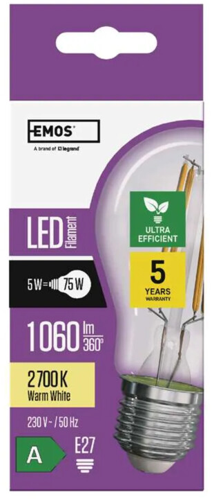 Emos LED žárovka Filament 5W (75W), 1060lm, E27, teplá bílá_948952013