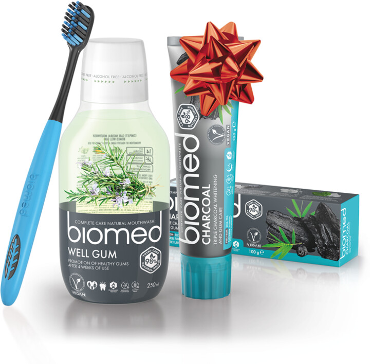 Dárkový balíček Biomed Charcoal &amp; Well Gum zubní pasta a voda s kartáčkem navíc, 100+250 ml_435459443
