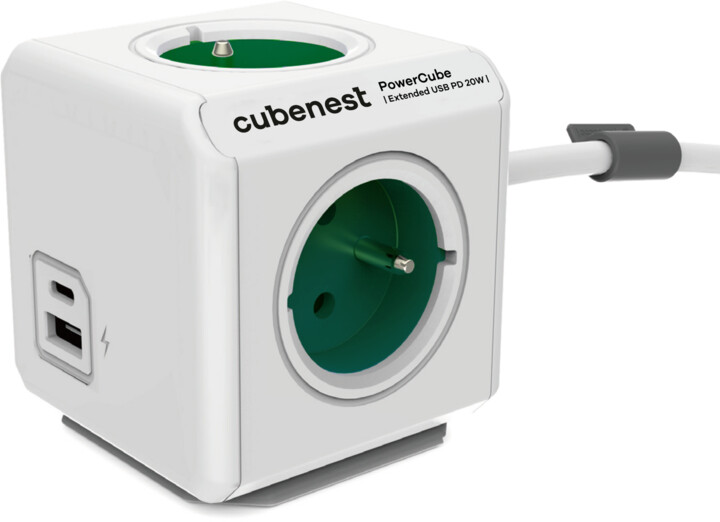 Cubenest PowerCube Extended prodlužovací přívod 1,5m, 4 zásuvky + USB A+C PD 20 W, zelená_1202479092