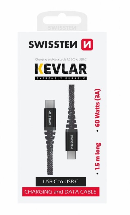 SWISSTEN odolný datový kabel USB-C - USB-C, 60W, kevlarový, 1.5m, černá_1920031970