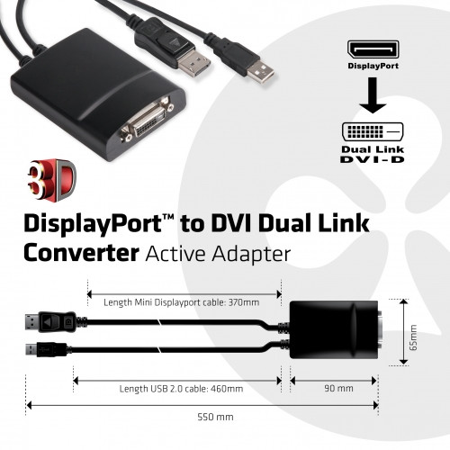 Club3D DisplayPort na DVI-D, dual link, aktivní adaptér, 46cm_874763094
