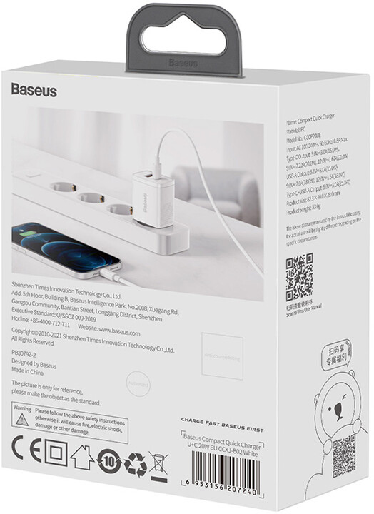 Baseus síťová nabíječka, USB-C, USB-A, 20W, bílá_150249182