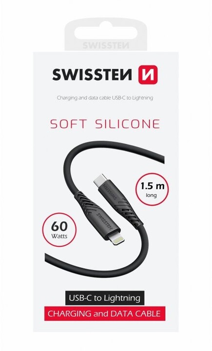 SWISSTEN datový kabel soft silicone USB-C - Lightning, 60W, 1.5m, černá_1338864702