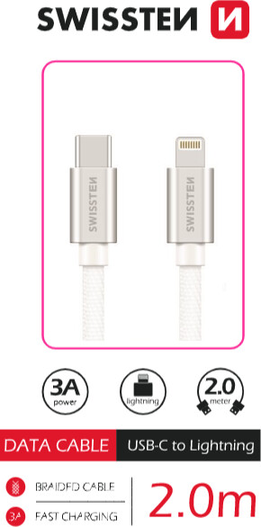 SWISSTEN textilní datový kabel USB-C - Lightning, 2 m, stříbrná_683371727