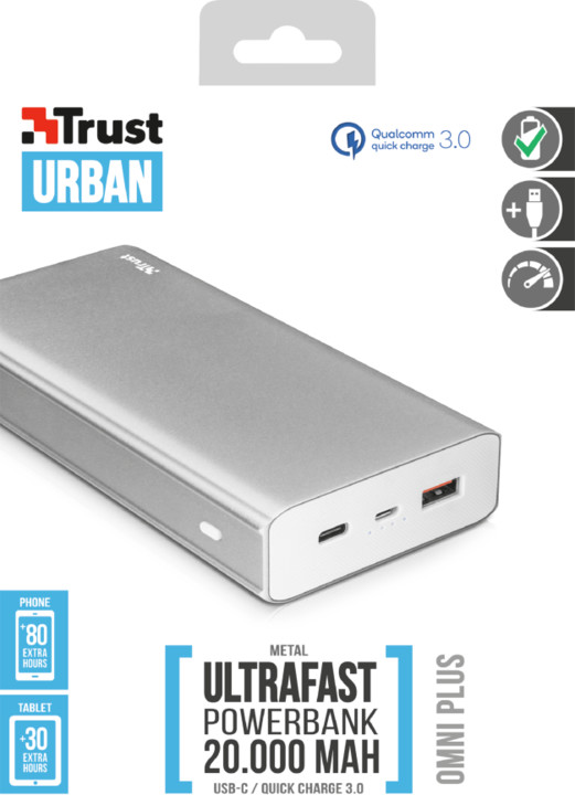 Trust Omni Plkus Metal PowerBank USB-C QC3.0 20000 mAh, stříbrná_301210571