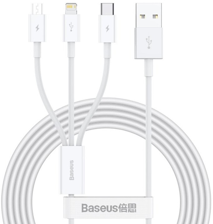 BASEUS kabel Superior 3v1, USB-A - USB-C/micro USB/Lightning, nabíjecí, 1.5m, bílá_1934635688