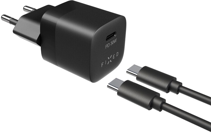 FIXED síťová nabíječka Mini s USB-C, PD, 30W, černá + USB-C - USB-C kabel, 1m, černá_887519984