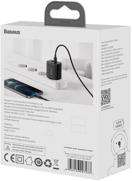 Baseus síťová nabíječka, USB-C, USB-A, 20W, černá_1750971511