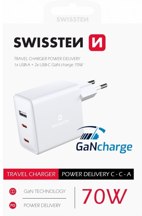 SWISSTEN síťový adaptér GaN, USB-A, 2x USB-C, 70W, bílá_259922322