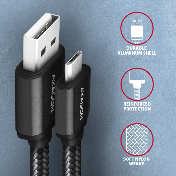 AXAGON kabel USB-A - micro USB2.0 HQ, 2.4A, opletený, 1m, černá_166422008