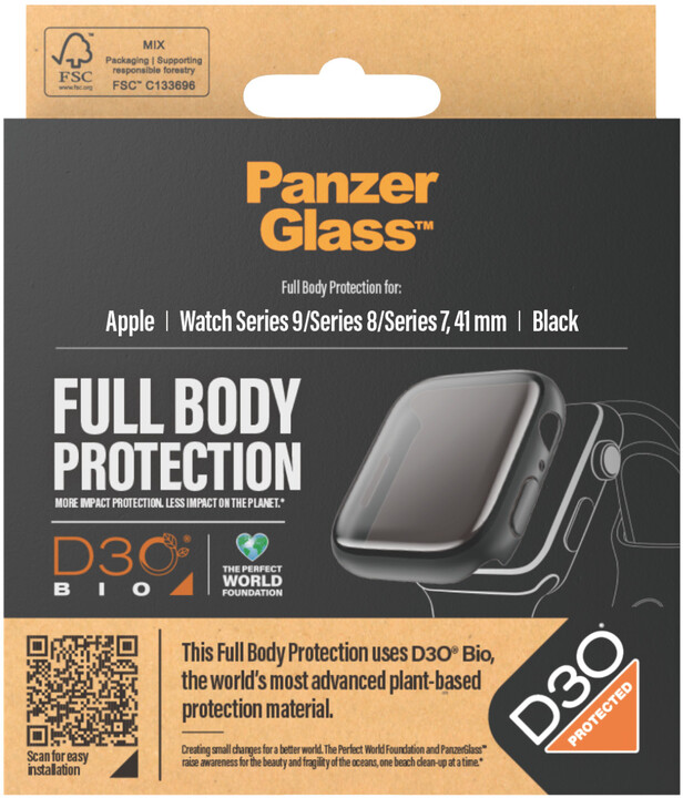 PanzerGlass ochranný kryt s D30 pro Apple Watch Series 9/8/7 41mm, černá_832903128