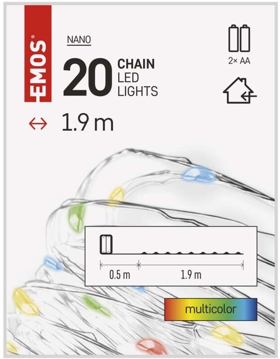 Emos LED vánoční nano řetěz, 1,9 m, 2x AA, vnitřní, multicolor, časovač_1520967141