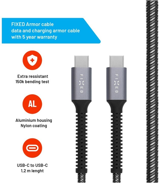 FIXED odolný nabíjecí a datový kabel Armor USB-C - USB-C, 1.2m, USB 2.0, PD 240W, šedá_1426826145