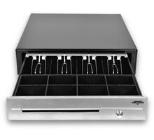 Virtuos pokladní zásuvka C430D - s kabelem, kovové držáky, nerez, 9-24V, černá
