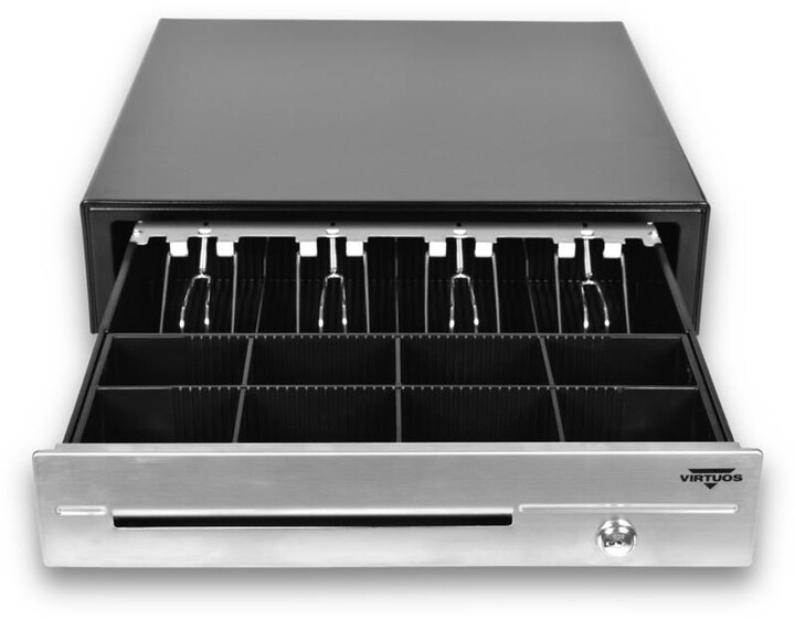 Virtuos pokladní zásuvka C430D - s kabelem, kovové držáky, nerez, 9-24V, černá_386577015