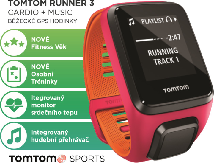 TOMTOM Runner 3 Cardio + Music (S), růžová/oranžová_1905603540
