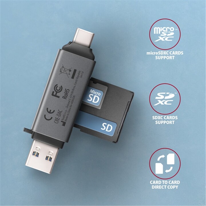 AXAGON CRE-DAC, USB-C + USB-A, 5 Gbps - mini čtečka karet, 2-slot &amp; lun SD/microSD, podpora UHS-I_613707334