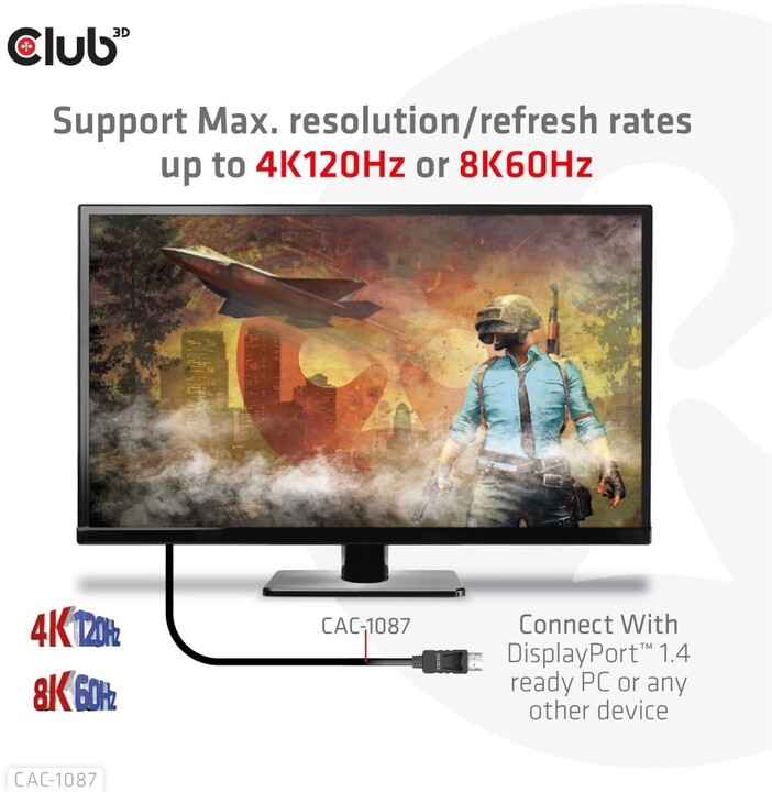 Club3D kabel DP 1.4 na HDMI, 4K120Hz nebo 8K60Hz HDR10, M/M, 3m_1401133654