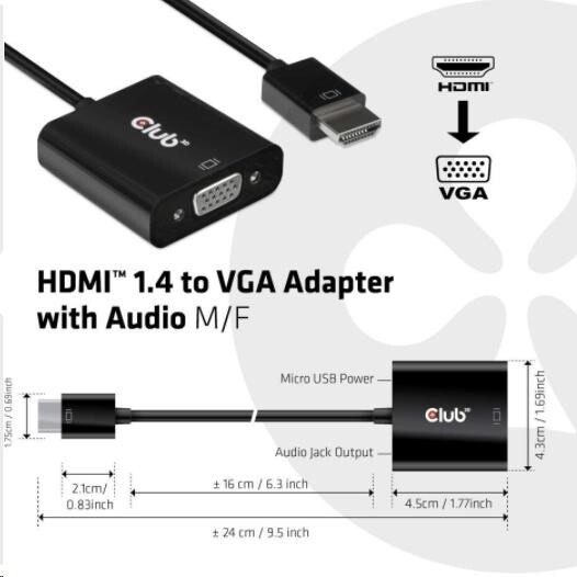 Club3D adaptér HDMI 1.4 - VGA, M/F, 4K@60Hz, aktivní, audio, 24cm, černá_665813887