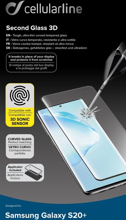 Cellularline Glass ochranné zaoblené tvrzené sklo pro Samsung Galaxy S20+, černá_1166011601